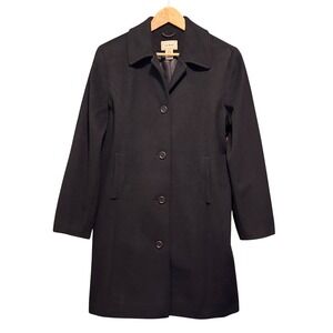 LL Bean Womens Petite Black Wool Blend Overcoat‎ Button Front Coat Size 14